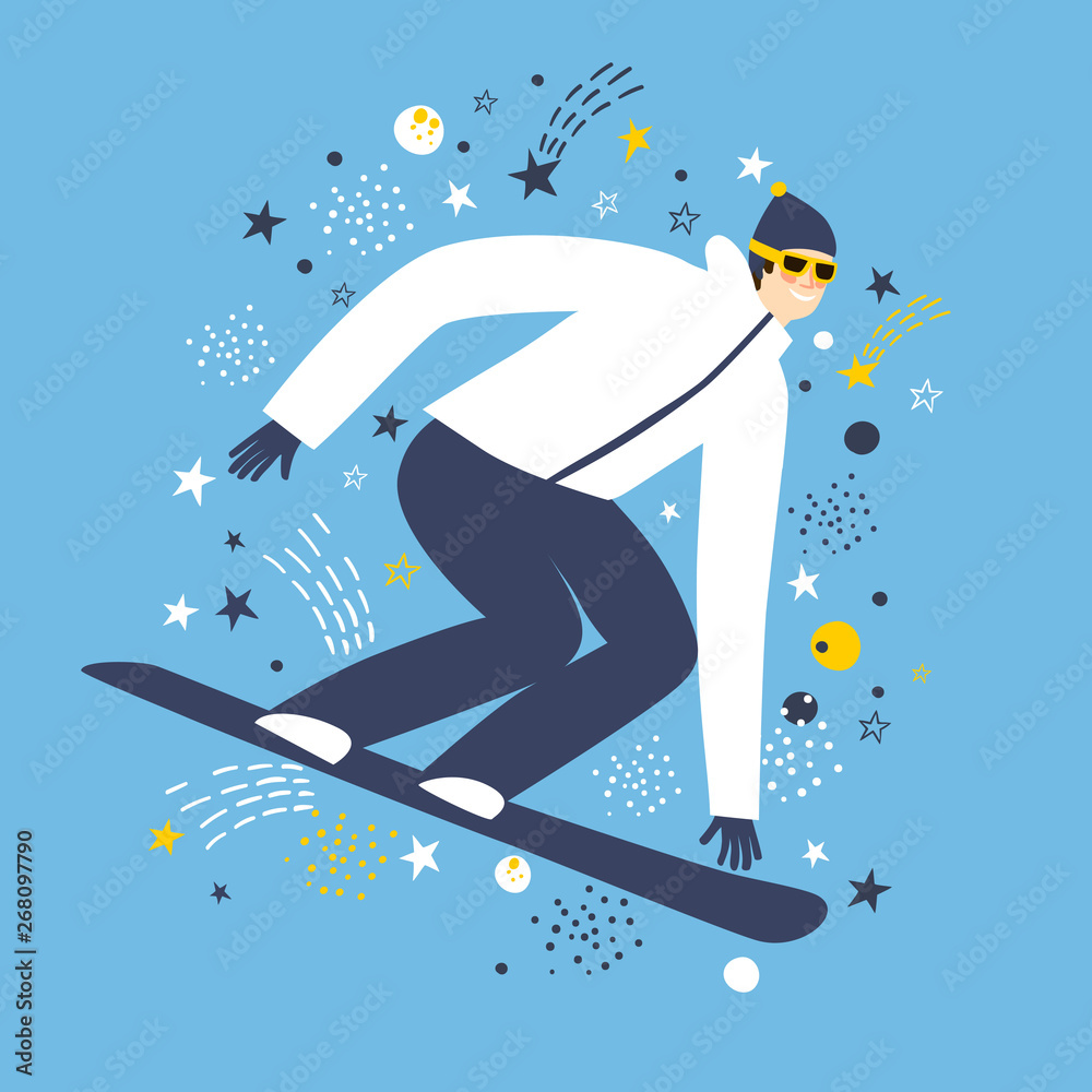 Cartoon fast snowboarder on decorative background.