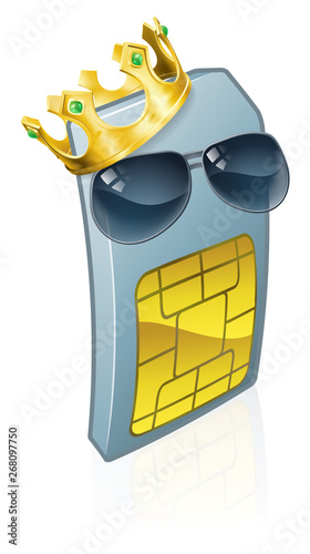 A mobile phone sim card cartoon character mascot wearing a gold king crown and cool shades or sunglasses