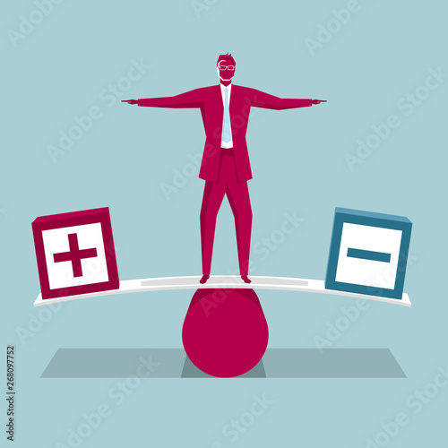 Businessman standing on the seesaw. Isolated on blue background.