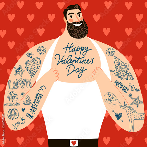 Mighty sexy men with tattoos and Valentine's Day greeting