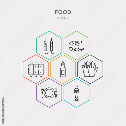 simple set of milk shake, eatery, protection gloves, condiment icons, contains such as icons ribs, shrimps, brochette and more. 64x64 pixel perfect. infographics vector
