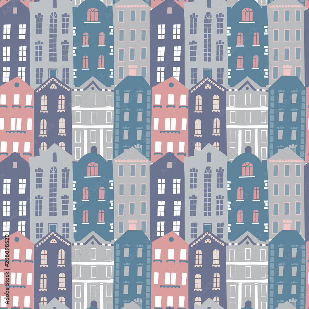 Hand drawn seamless pattern with colorful houses