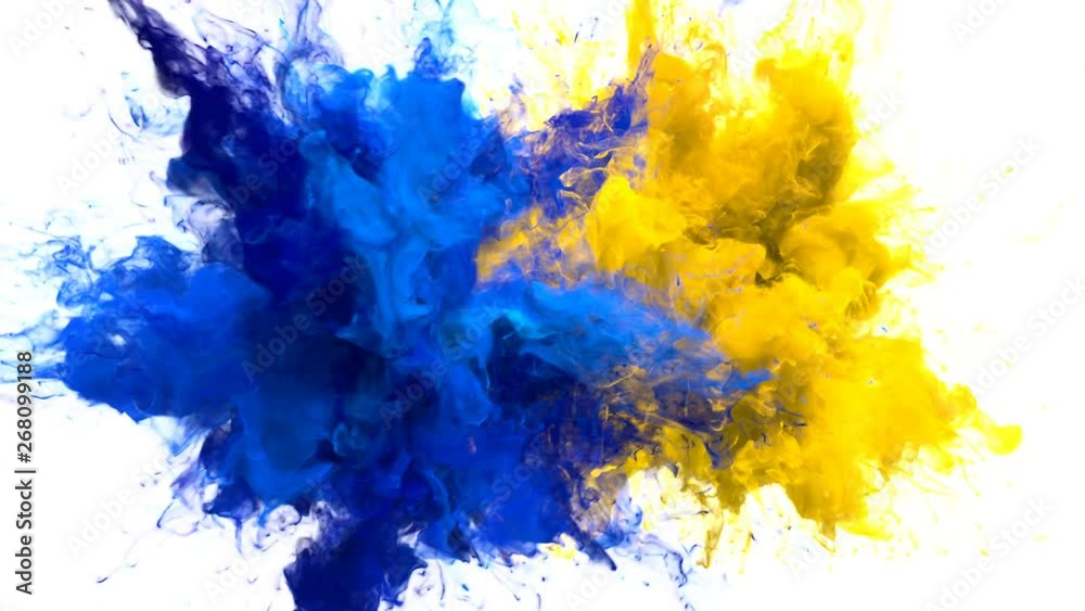 Blue, Yellow Color Burst - Multiple colorful smoke powder explosion fluid ink particles slow motion alpha matte isolated on white