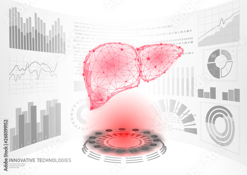 3D low poly human liver laser surgery operation HUD UI display. Future technology polygonal medicine disease drug treatment. Blue abstract medicine pharmacy hepatitis cancer vector illustration