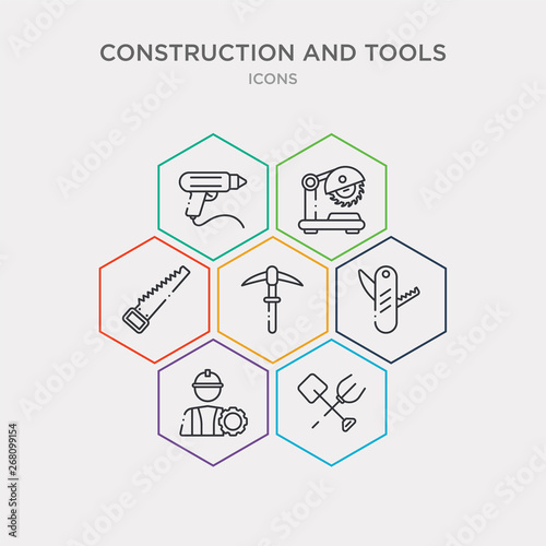 simple set of shovel and fork, mechanic working, jackknife, pickaxe icons, contains such as icons handsaw, chop saw, sealant gun and more. 64x64 pixel perfect. infographics vector