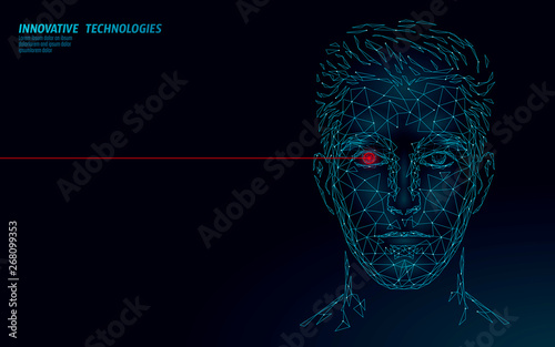 Low poly male human face biometric identification. Recognition system concept. Personal data secure access scanning innovation technology. 3D polygonal rendering vector illustration