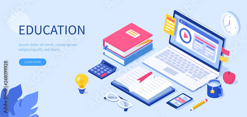 Online education concept with text place. Can use for web banner, infographics, hero images. Flat isometric vector illustration isolated on white background.