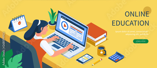 Student character study at computer. Can use for web banner, infographics, hero images. Flat isometric vector illustration isolated on white background.