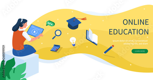 Online education concept with text place. Can use for web banner, infographics, hero images. Flat isometric vector illustration isolated on white background.