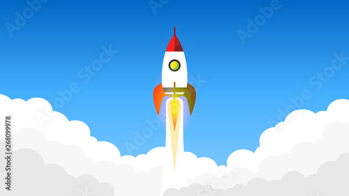 The rocket takes off into space against a blue sky in a club of smoke. Isolated object. Flat design. Vector illustration