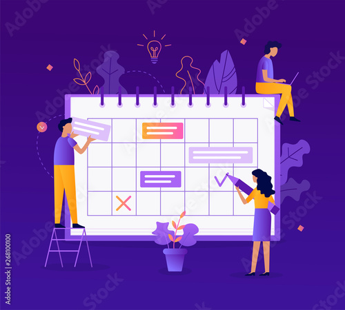 People fill out the schedule. Time management concept. Flat vector illustration. 