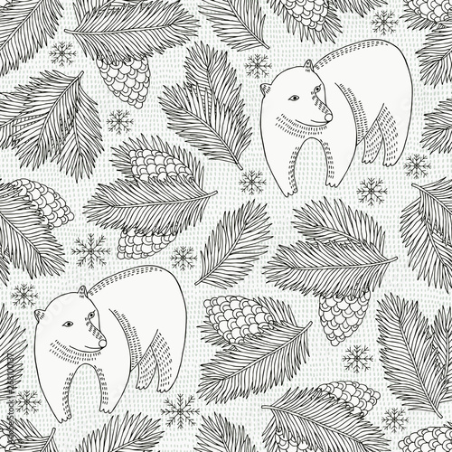 Bear and cone seamless pattern. Vector illustration.