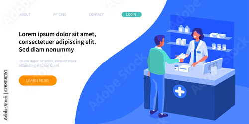 Doctor pharmacist and patient in drugstore. Can use for web banner, infographics, hero images. Flat isometric vector illustration isolated on white background.