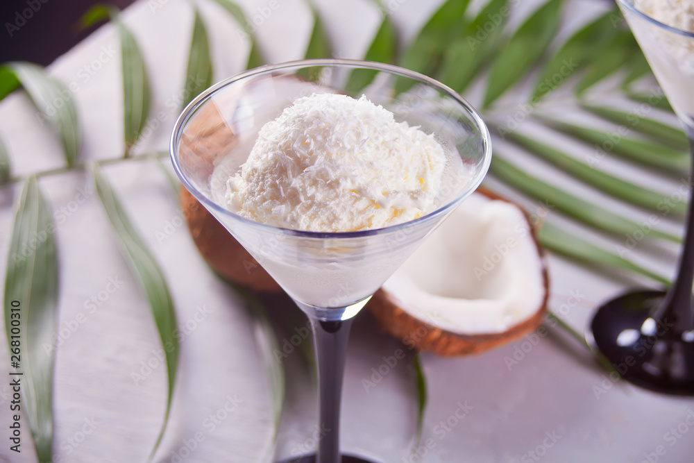 Coconut ice cream on the gray background with palm leaf