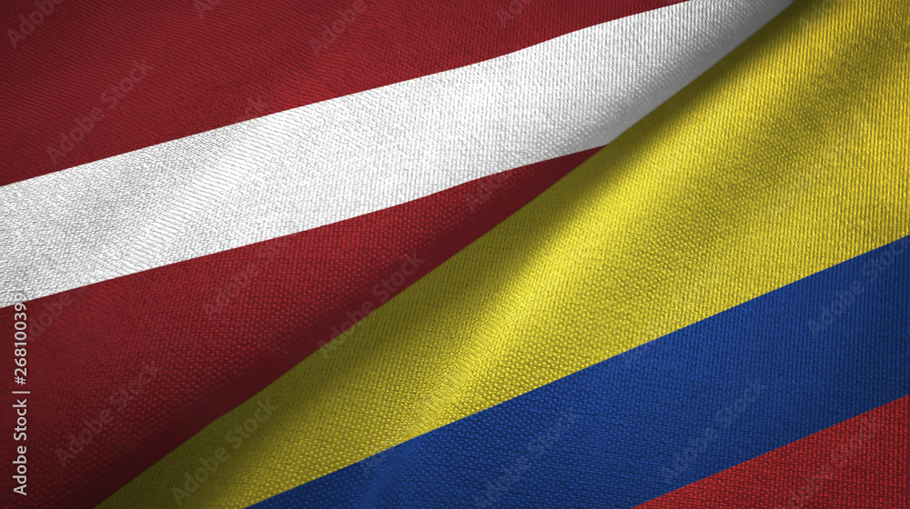 Latvia and Colombia two flags textile cloth, fabric texture Latvia and Colombia two flags textile cloth, fabric texture