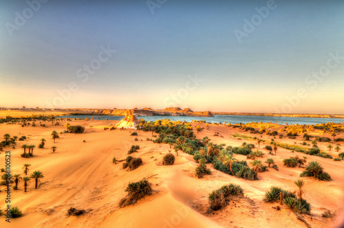 Aerial sunrise Panoramic view to Yoa lake group of Ounianga kebir lakes at the Ennedi, Chad photo