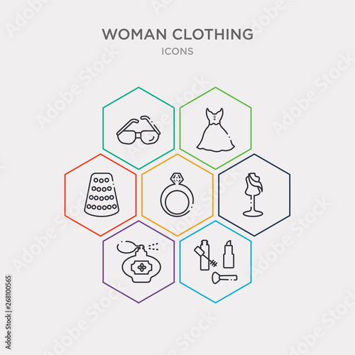 simple set of makeup?, circular perfume bottle?, couture mannequin?, diamond ring? icons, contains such as icons sewing thimble black variant?, lace dress with belt?, rectangular eyeglasses? and