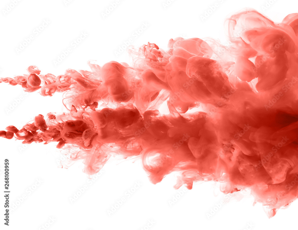Coral ink splashes abstract background. Studio shoot with seamless watercolor swirls in the water