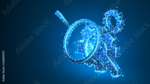 Magnifying glass on Gear with adjustable wrench. Technology solution, engineering research concept. Abstract, digital, wireframe, low poly mesh, vector blue neon 3d illustration. Triangle, line, dot