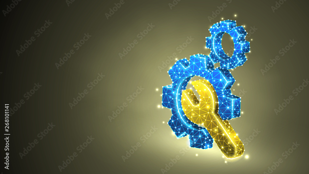 Gears, adjustable wrench. Industry, business solution, technology, machine engineering concept. Abstract, digital, wireframe, low poly mesh, Raster colorful 3d illustration. Triangle, line, dot, star Gears, adjustable wrench. Industry, business solution, technology, machine engineering concept. Abstract, digital, wireframe, low poly mesh, Raster colorful 3d illustration. Triangle, line, dot, star