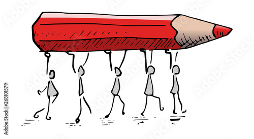 illustration of a group of people walking with a huge red pencil