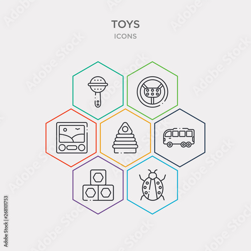simple set of ladybug toy, cubes toy, bus toy, pyramid icons, contains such as icons etch a sketch steering wheel rattle and more. 64x64 pixel perfect. infographics vector