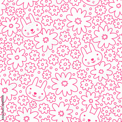 Funny rabbit and flowers seamless background. Kid design. Vector illustration.