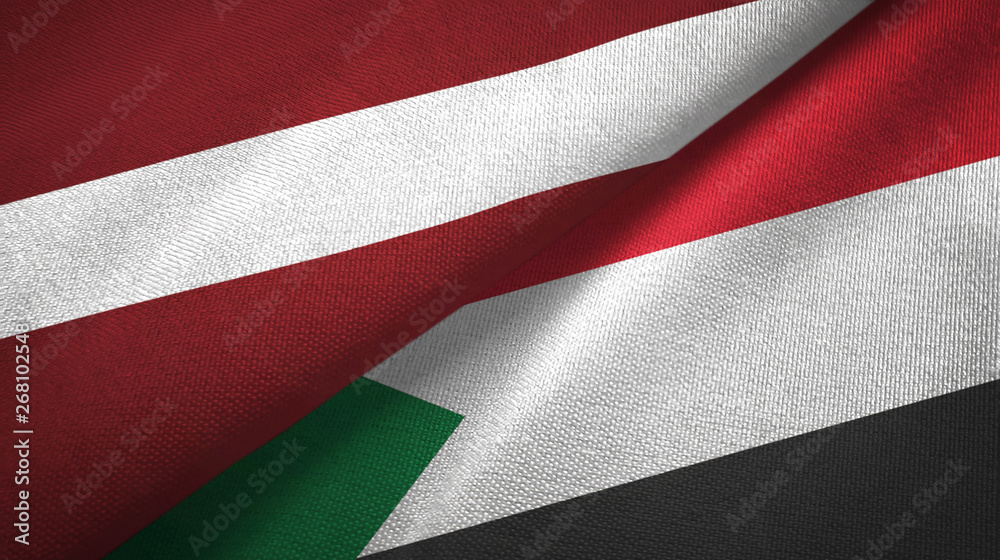 Latvia and Sudan two flags textile cloth, fabric texture