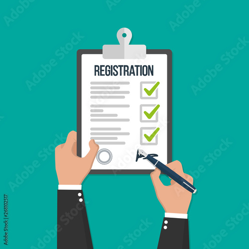 Man hold registration clipboard flat icon vector illustration