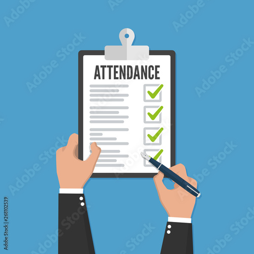 Attendance concept. Businessman holding checklist. Vector flat design