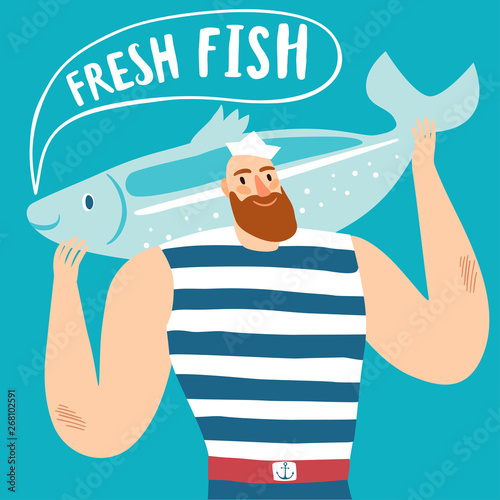 Mighty fisherman sailor holding big fish