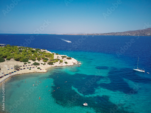 Beautiful landscape with blue lagoon and beach. Aerial shot of the Moni Eginas Island, Saronic gulf, Greece . A famous tourist destination. photo