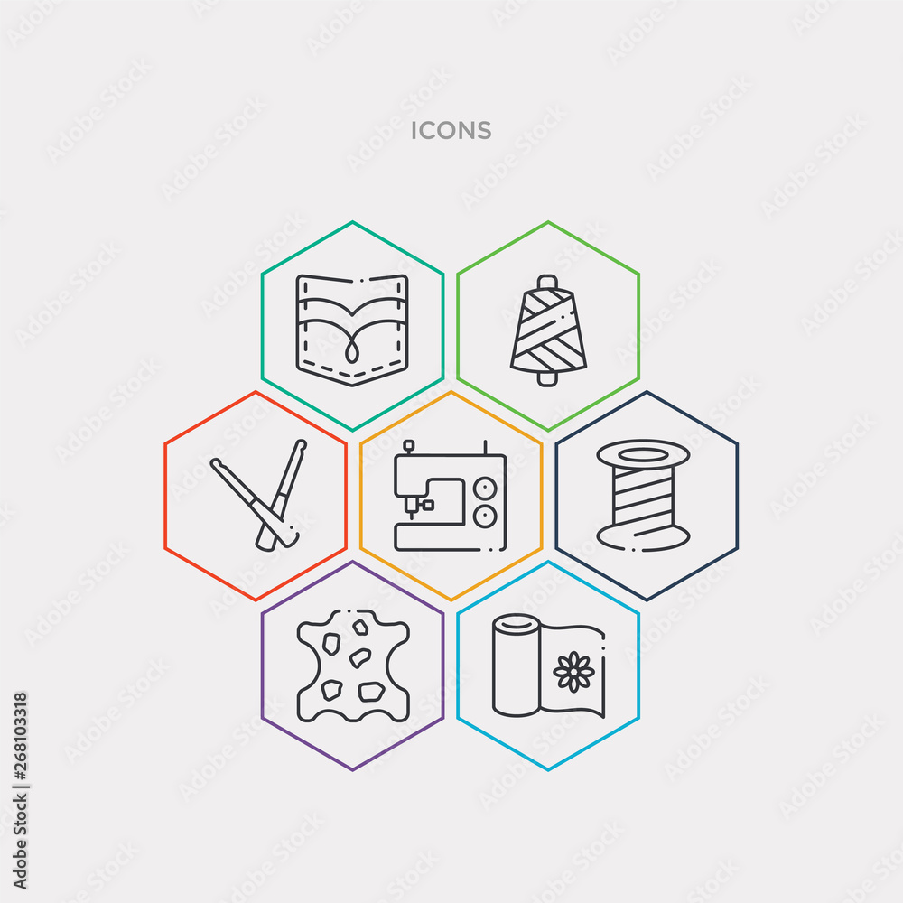 simple set of fabric, leather, spool of thread, sewing machine icons, contains such as icons crochet, thread, pocket and more. 64x64 pixel perfect. infographics vector