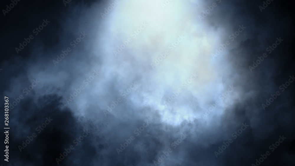 Dry ice smoke clouds fog the floor texture. . Perfect spotlight mist effect on isolated black background