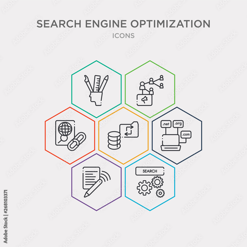 simple set of search engine, blogging, domain registration, backup icons, contains such as icons link, viral marketing, de and more. 64x64 pixel perfect. infographics vector