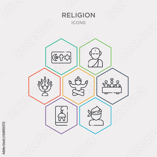 simple set of indulgence, jihad, koran, last supper icons, contains such as icons lotus position, menorah, monk and more. 64x64 pixel perfect. infographics vector