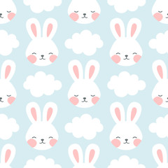 Crédence de cuisine Lapin patrons Rabbit and chick Seamless Pattern Background, Scandinavian Happy bunny with cloud, easter. cartoon rabbit vector illustration for kids nordic background  © Gabriel Onat