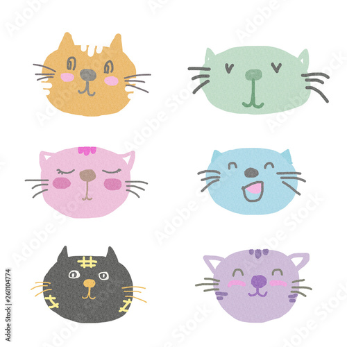 Happy cats head, handdrawn cartoon character with pastel color tone