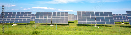 Solar station. Solar panels for the production of natural solar energy. Green electricity. Direct view, space for text, copy space, web banner, banner, advertisement.