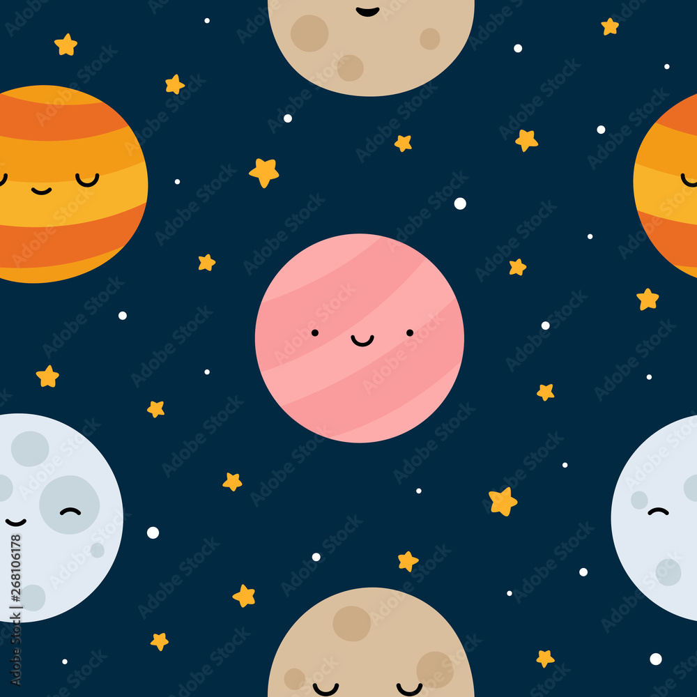 Space Seamless Pattern with Planets and Stars. Doodle Cartoon Cute Planet Smiling Face. Vector Background