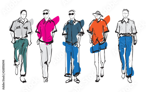 Stylish handsome mans in fashion clothes. Hand drawn beautiful young mens. Stylish mens. Fashion mens sketch. Fashion men model.