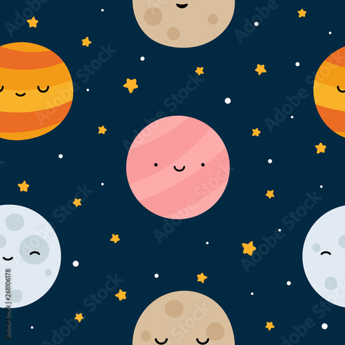 Fototapeta Naklejka Na Ścianę i Meble -  Space Seamless Pattern with Planets and Stars. Doodle Cartoon Cute Planet Smiling Face. Vector Background
