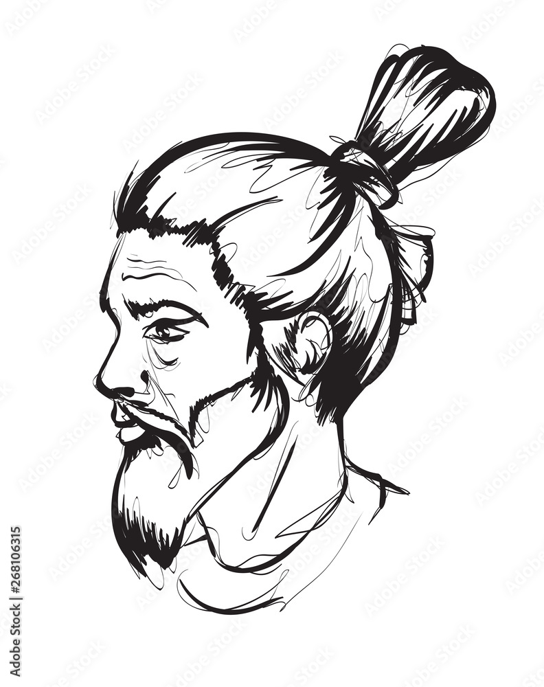 The face of a young man. Man with a beard and a bunch of hair.. Fashion man face.