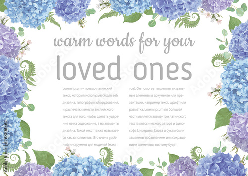 Wedding, watercolor card.Leaves, blooming branches eucalyptus, gaultheria, salal, chamaelaucium, seasonal fern.Blue, purple, of flower hydrangea.Vector.Floral horizontal composition.Isolated