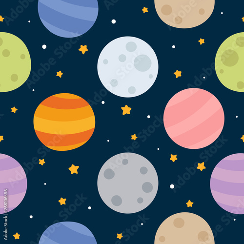 Space Seamless Pattern with Planets and Stars. Doodle Cartoon Cute Planet Smiling Face. Vector Background