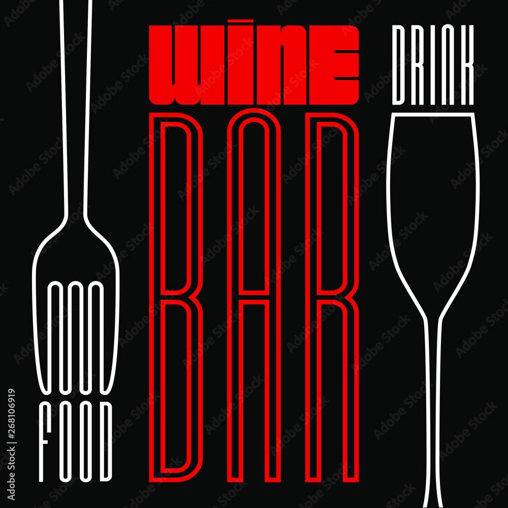  Logo, carte ou étiquette rouge et blanc sur fond noir, pour un bar à vin avec une typo très étroite.