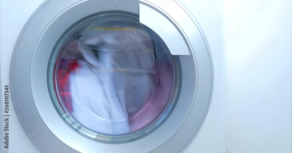 Close Up Industrial Washing Machine Washes Colored Clothing and White Linen, White Striped Clothing. Cylinder Spinning Machine. Concept Laundry Washing Machine, Industry Laundry Service.