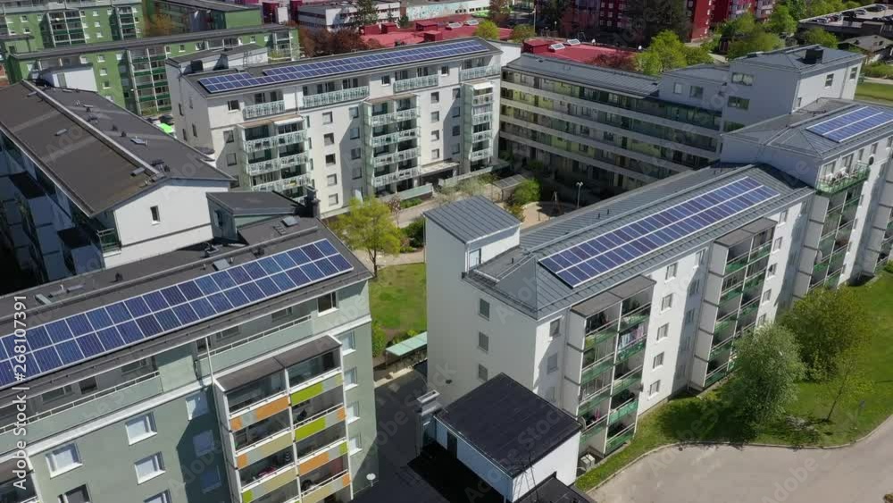 Aereal view of solar panels on the rooftops of house complexes in Stockholm, Sweden Aereal view of solar panels on the rooftops of house complexes in Stockholm, Sweden