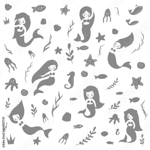 A set of beautiful mermaids. Fish, jellyfish, algae and other marine world. Vector illustration. Template the sea elements.