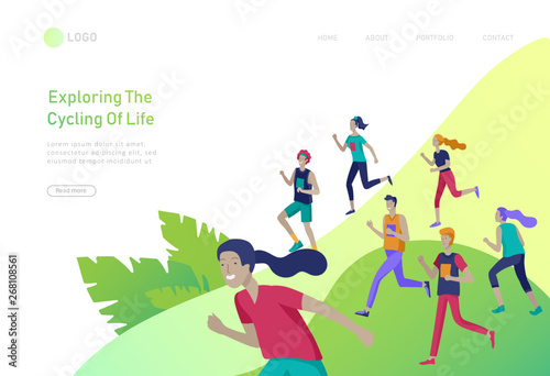 Landing page template with running group People, man doing workout, couple running. Healty life concept. People performing sports outdoor activities. Cartoon illustration